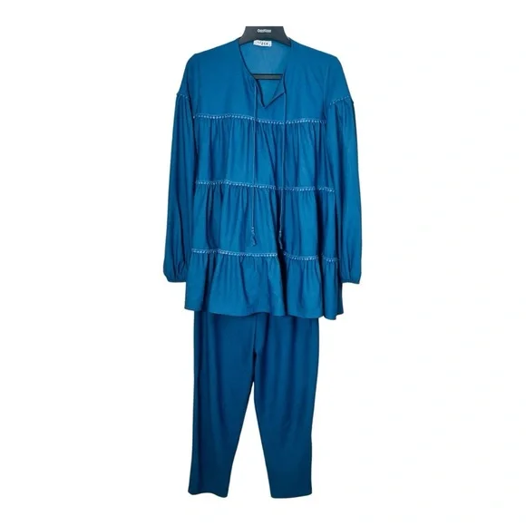 Blue Long Sleeve Ruffle Oversized Tunic Blouse with A marching Crop pants 42 - Picture 2 of 13